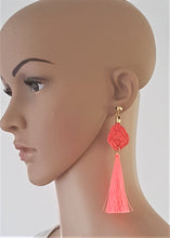 Load image into Gallery viewer, Earrings Silk Thread Tassel on Celtic Knot Orange Neon, Statement Earrings - Urban Flair USA