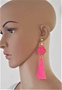 Earrings Silk Thread Tassel on Celtic Knot Pink, Statement Earrings - Urban Flair USA