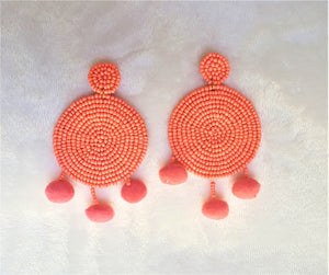 Pom Pom Earrings Orange Neon Seed Beaded Disc Drop Earrings, Statement Earrings - Urban Flair USA