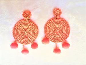Pom Pom Earrings Orange Neon Seed Beaded Disc Drop Earrings, Statement Earrings - Urban Flair USA