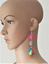 Load image into Gallery viewer, Bon Bon Cotton Silk Thread Tassels Multicolored Pink Black White Earrings - Urban Flair USA