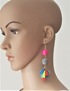 Bon Bon Cotton Silk Thread Tassels Multicolored Pink Black White Earrings - Urban Flair USA