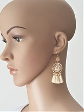Load image into Gallery viewer, Thread Tassel Earrings  Ethnic Beige White Wired Beads on Gold Circle Hoop Charm - Urban Flair USA