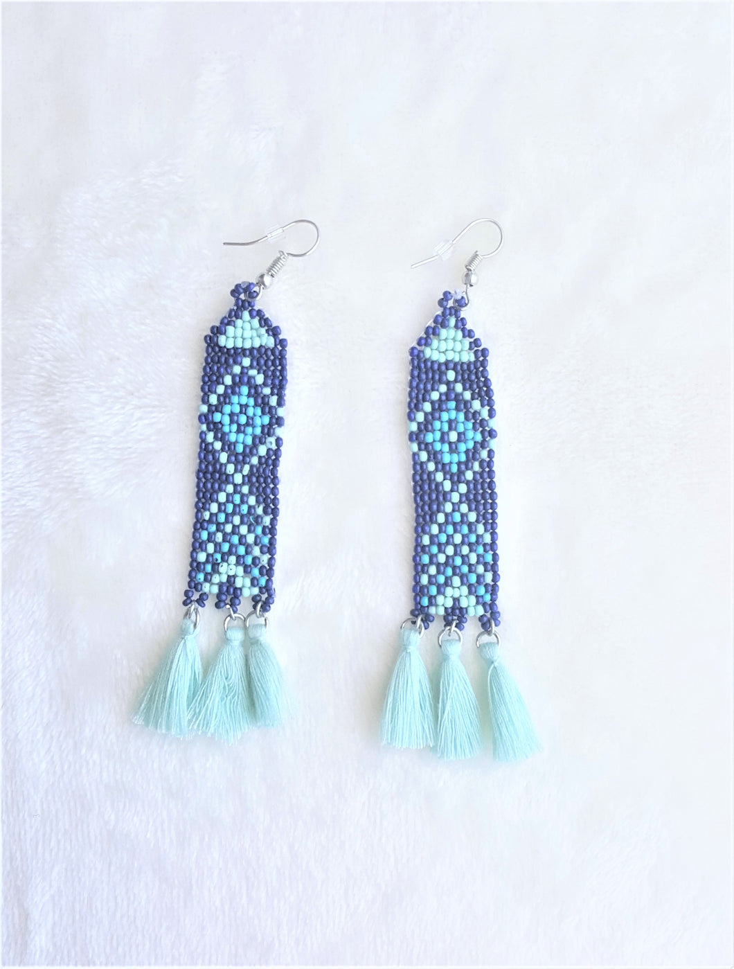 Earrings Woven Beads with Thread Tassels Green Coral Navy Blue Turquoise, Statement Earrings - Urban Flair USA