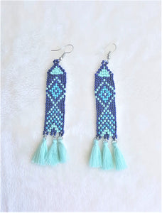 Earrings Woven Beads with Thread Tassels Green Coral Navy Blue Turquoise, Statement Earrings - Urban Flair USA