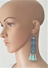 Load image into Gallery viewer, Earrings Woven Beads with Thread Tassels Green Coral Navy Blue Turquoise, Statement Earrings - Urban Flair USA