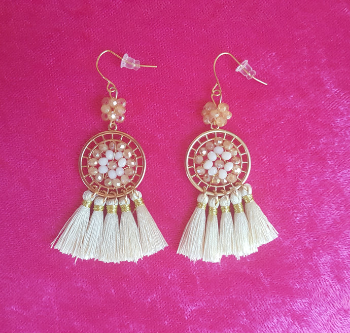 Thread Tassel Earrings  Ethnic Beige White Wired Beads on Gold Circle Hoop Charm - Urban Flair USA