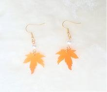 Load image into Gallery viewer, Maple Leaf Earrings Orange Faux Pearl Gold Fish Hook, Fall Earrings - Urban Flair USA