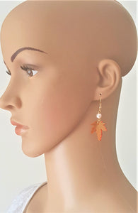 Maple Leaf Earrings Orange Faux Pearl Gold Fish Hook, Fall Earrings - Urban Flair USA