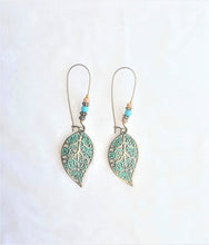 Load image into Gallery viewer, Leaf Charm Earrings, Vintage Style Oxidized Antique Gold Dangle Drop Earrings with Wooden Beads - Urban Flair USA