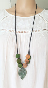 Leaf Pendant Necklace, Wooden Beaded Necklace Pendant - Urban Flair USA