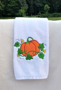 White Hand Towel Custom Embroidered Applique Pumpkin Kitchen Bath Towel