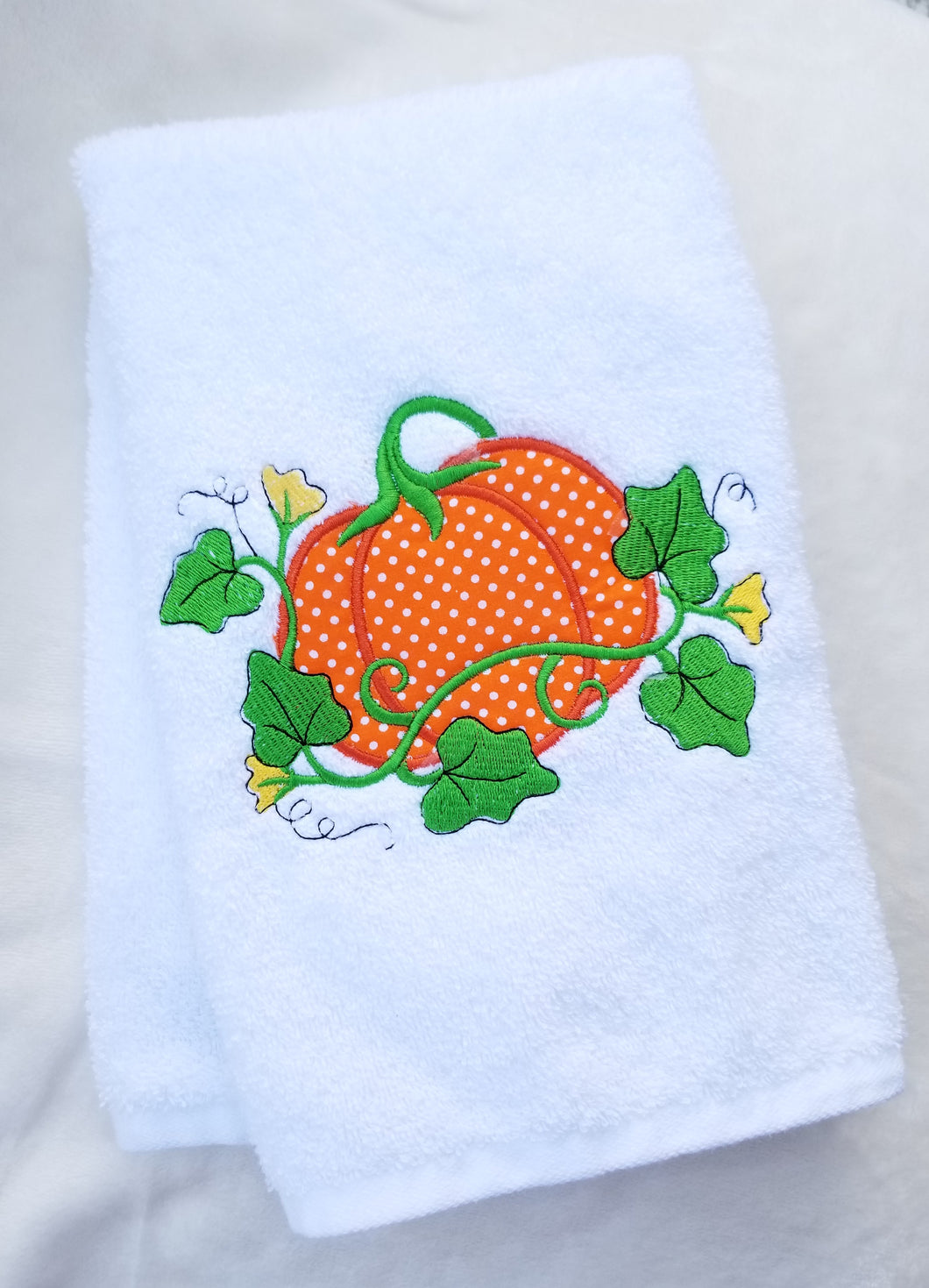 White Hand Towel Custom Embroidered Applique Pumpkin Kitchen Bath Towel