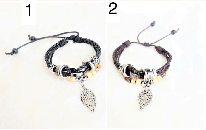 Unisex Leather Bracelet Charm Metal Leaf Black/Brown Woven Braided Adjustable Layered Bohemian Bracelet - Urban Flair USA