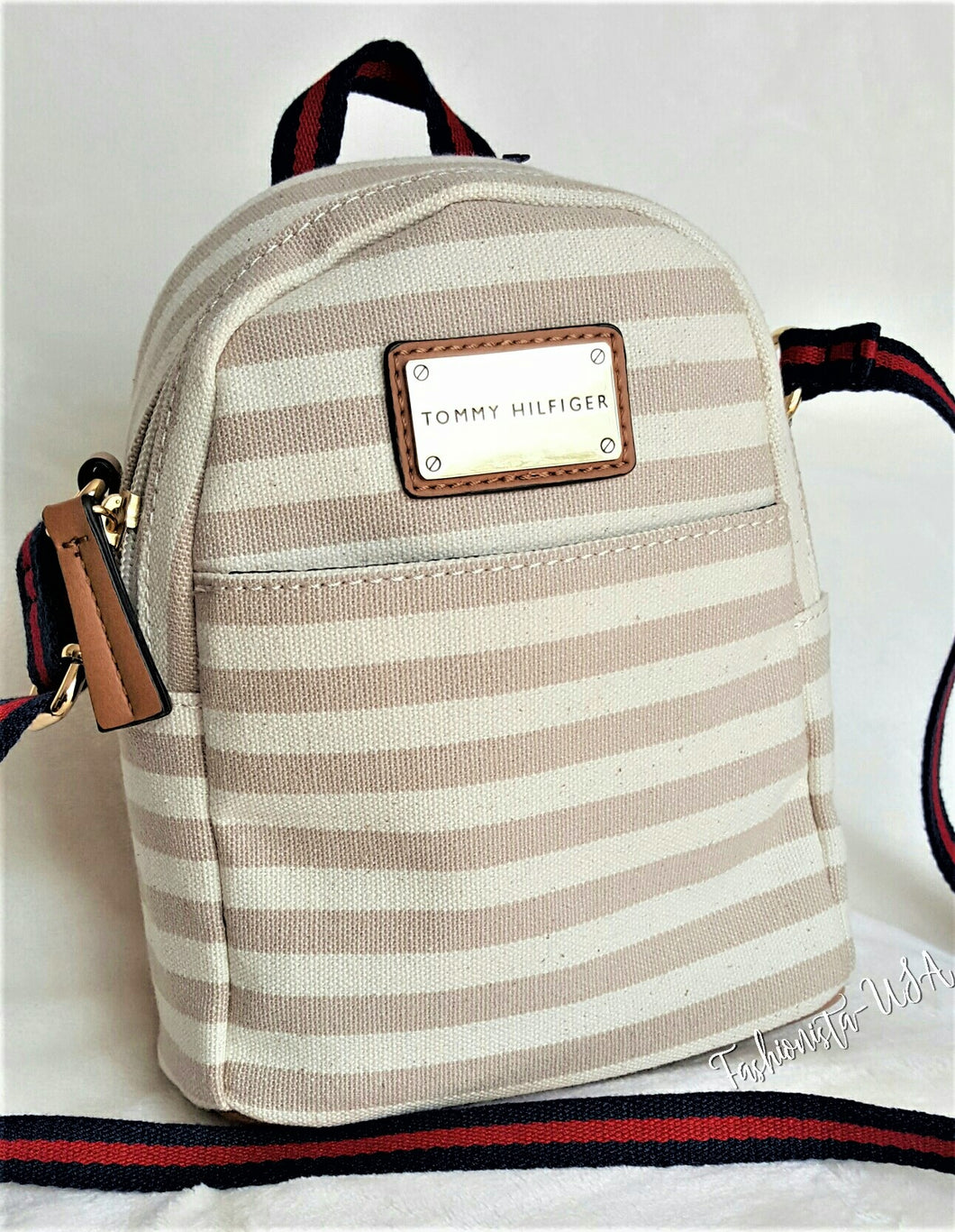 TOMMY HILFIGER Backpack MINI X body Canvas Bag CREAM MOCHA STRIPE