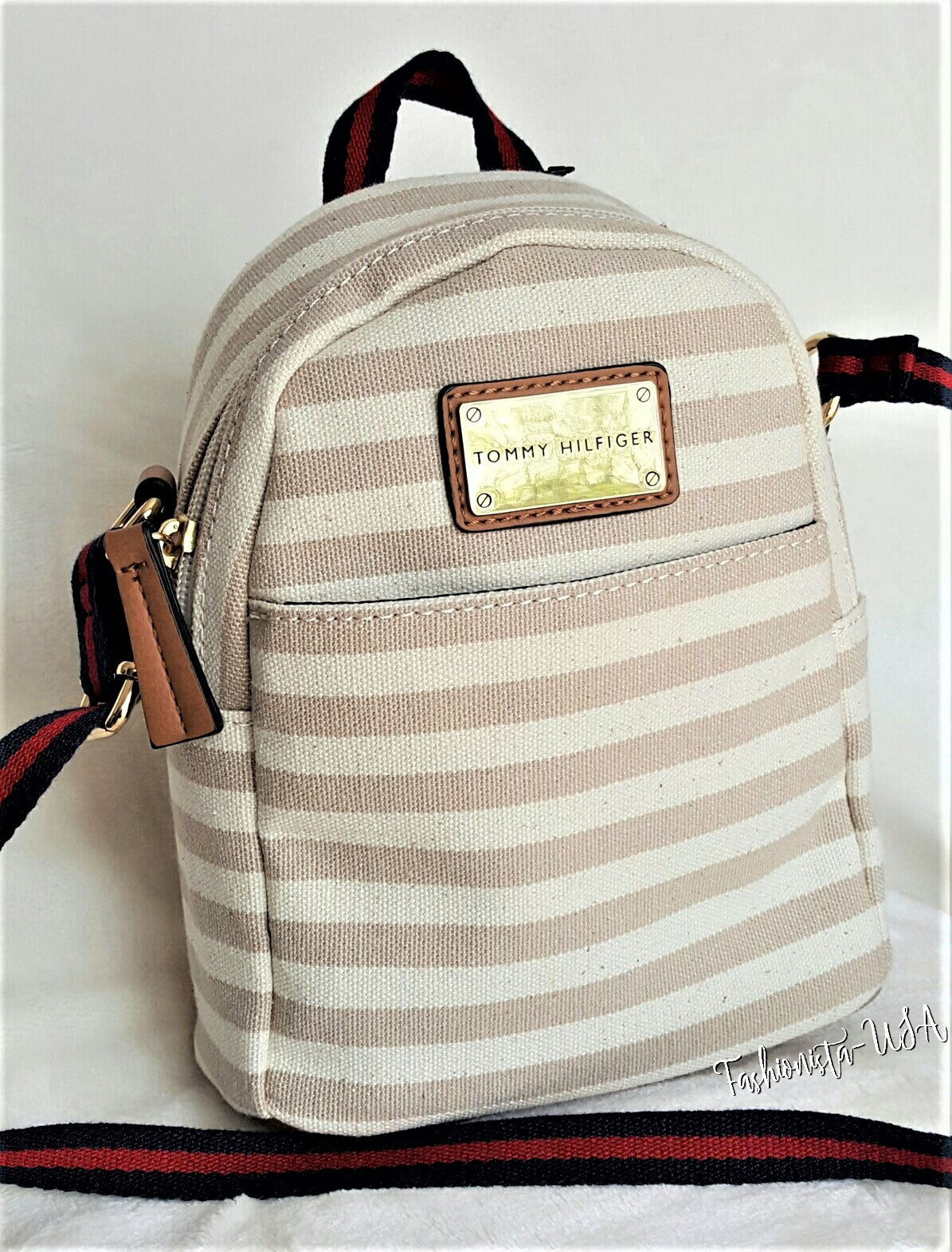 TOMMY HILFIGER Backpack MINI X body Canvas Bag CREAM MOCHA STRIPE