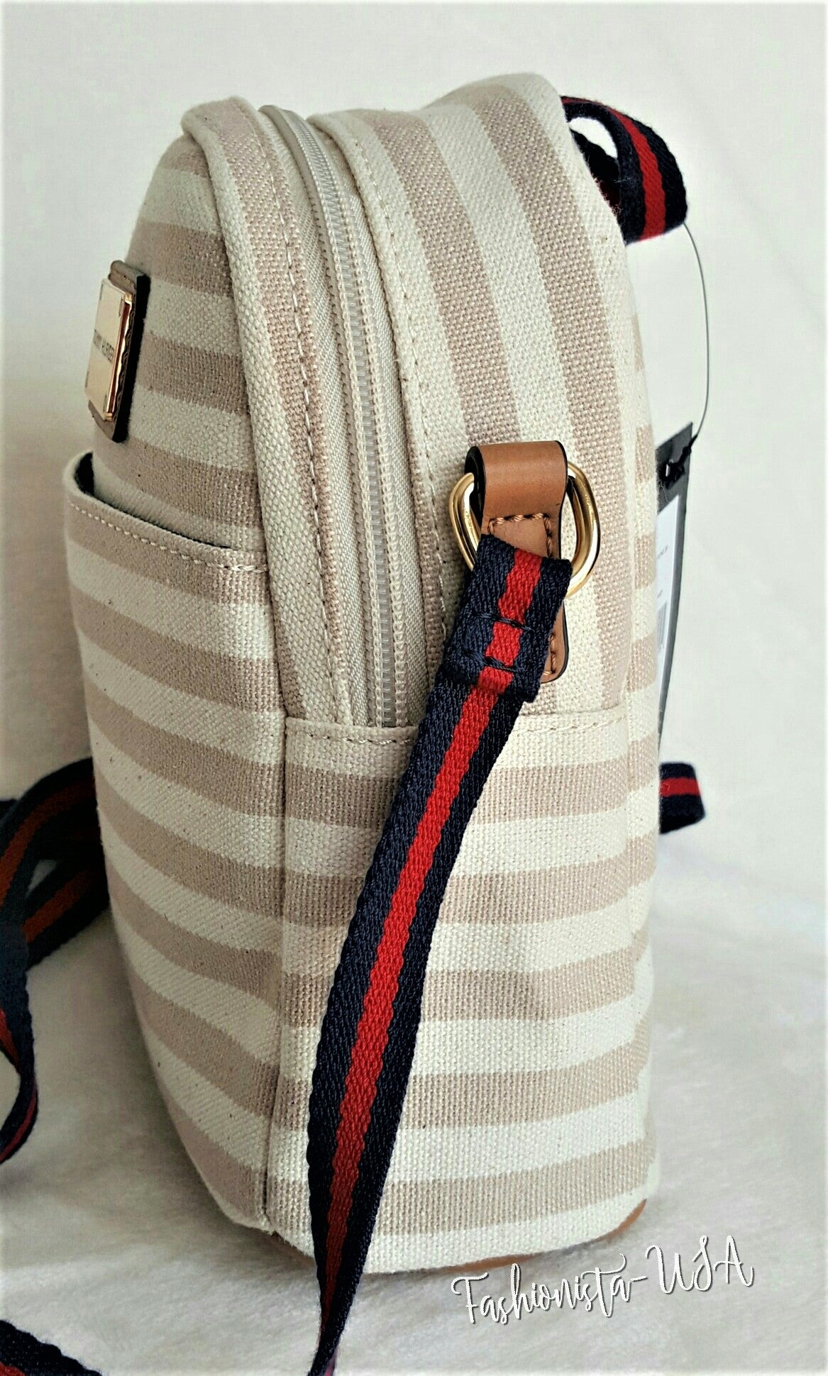 TOMMY HILFIGER Backpack MINI X body Canvas Bag CREAM MOCHA STRIPE Urban Flair USA