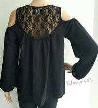 Load image into Gallery viewer, Women&#39;s Cold Shoulder Lace Top Sizes S, M BLACK by Decree - Urban Flair USA