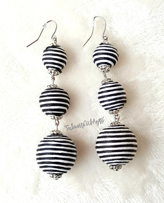 Bon Bon Earrings Black White Thread Ball Triple Tier Drop Earrings, Boho Chic Designer,Beach Jewelry Earrings,Statement Earring,Gift for Her - Urban Flair USA