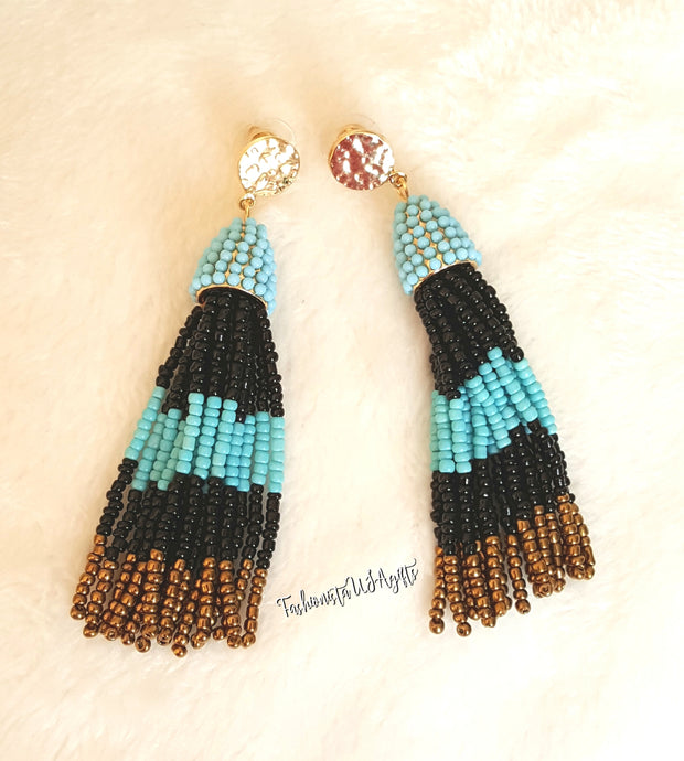 Beaded Tassel Gold Stud Earring Turquoise Black Gold,Drop Dangle Earring,Statement Earring, Gift for Her - Urban Flair USA