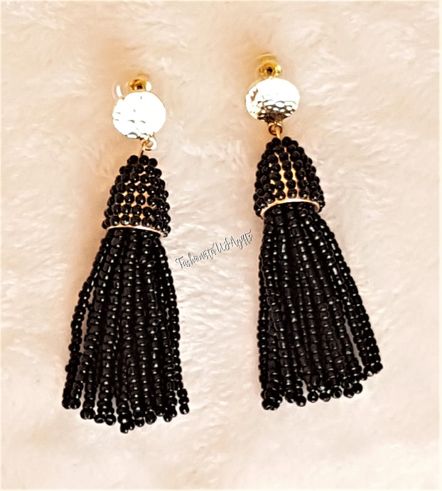 Beaded Tassel with Gold Stud Earring Black Drop Dangle Earring, Boho Chic Designer Jewelry Earrings,Statement Earring,Gift for Her - Urban Flair USA