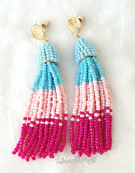 Beaded Tassel with Gold Stud Earring,Fushia,Blue,Teal,Pink Dangle Drop Earring,Boho Chic Designer Jewelry Earrings - Urban Flair USA