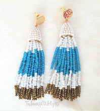 Load image into Gallery viewer, Beaded Tassel with Gold Stud Blue,White,Gold Earring Dangle Drop,Boho Chic Designer Jewelry Earrings,Statement Earring,Gift for Her - Urban Flair USA