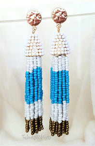 Beaded Tassel with Gold Stud Blue,White,Gold Earring Dangle Drop,Boho Chic Designer Jewelry Earrings,Statement Earring,Gift for Her - Urban Flair USA
