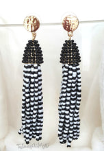 Load image into Gallery viewer, Beaded Tassel with Gold Stud Black White Earring Drop Dangle, Boho Chic Designer Jewelry, Statement Earring, Gift for Her by UrbanFlair - Urban Flair USA