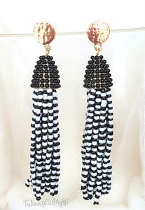 Beaded Tassel with Gold Stud Black White Earring Drop Dangle, Boho Chic Designer Jewelry, Statement Earring, Gift for Her by UrbanFlair - Urban Flair USA
