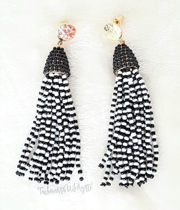 Beaded Tassel with Gold Stud Black White Earring Drop Dangle, Boho Chic Designer Jewelry, Statement Earring, Gift for Her by UrbanFlair - Urban Flair USA