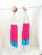 Load image into Gallery viewer, Beaded Tassel with Gold Stud Fushia Blue White Earring, Drop Dangle,Statement Earring, Gift for Her - Urban Flair USA