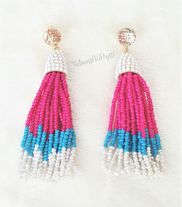 Beaded Tassel with Gold Stud Fushia Blue White Earring, Drop Dangle,Statement Earring, Gift for Her - Urban Flair USA