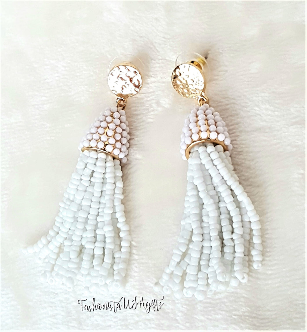 Beaded Tassel Gold Stud Earring White Drop Dangle Earring, Boho Chic Designer Jewelry Earrings, Statement Earring, Gift for Her - Urban Flair USA