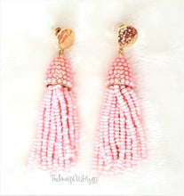 Load image into Gallery viewer, Beaded Tassel with Gold Stud Earring Blush Pink Drop Dangle Earring, Boho Chic Designer Jewelry Earrings, Statement Earring, Gift for Her - Urban Flair USA
