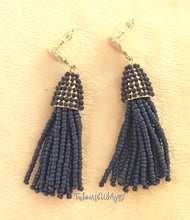 Load image into Gallery viewer, Beaded Tassel Silver Stud Earring Navy Blue Drop Dangle, Boho Chic Designer Jewelry Earrings, Statement Earring, Gift for Her - Urban Flair USA