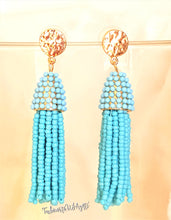 Load image into Gallery viewer, Beaded Tassel Gold Stud Earrings, Blue Turquoise Drop Dangle Earrings, Boho Chic Designer Jewelry Earrings, Statement Earring, Gift for Her - Urban Flair USA
