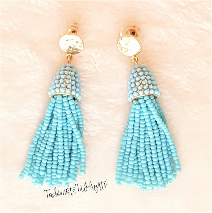 Beaded Tassel Gold Stud Earrings, Blue Turquoise Drop Dangle Earrings, Boho Chic Designer Jewelry Earrings, Statement Earring, Gift for Her - Urban Flair USA