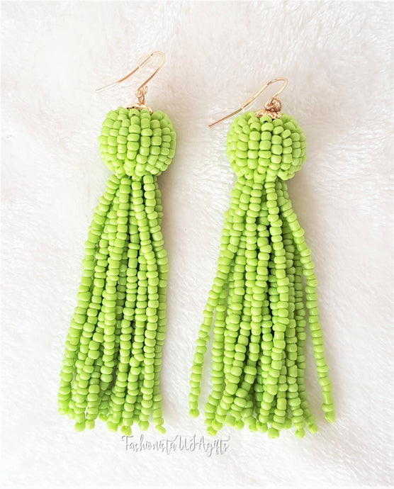 Beaded Tassel Earring Lime Green Drop Dangle with Fish Hook, Boho Chic Jewelry Earrings,Statement Earring, Gift for Her - Urban Flair USA