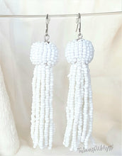 Load image into Gallery viewer, Beaded Tassel Earrings White Drop Dangle with Fish Hook, Boho Chic Jewelry Earrings, Statement Earring, Gift for Her - Urban Flair USA
