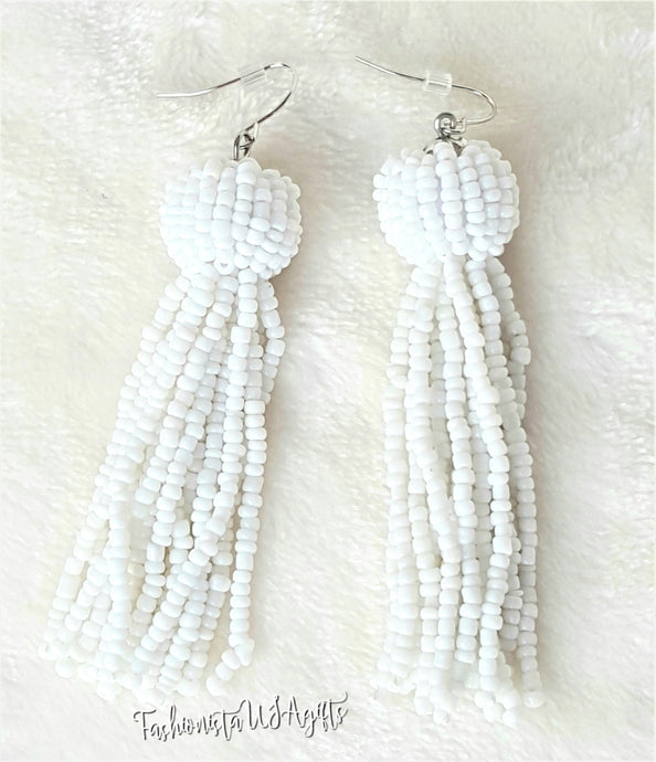 Beaded Tassel Earrings White Drop Dangle with Fish Hook, Boho Chic Jewelry Earrings, Statement Earring, Gift for Her - Urban Flair USA