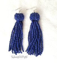 Load image into Gallery viewer, Beaded Tassel Earring Navy Blue Drop Dangle with Fish Hook, Boho Chic Jewelry Earrings, Statement Earring, Gift for Her - Urban Flair USA