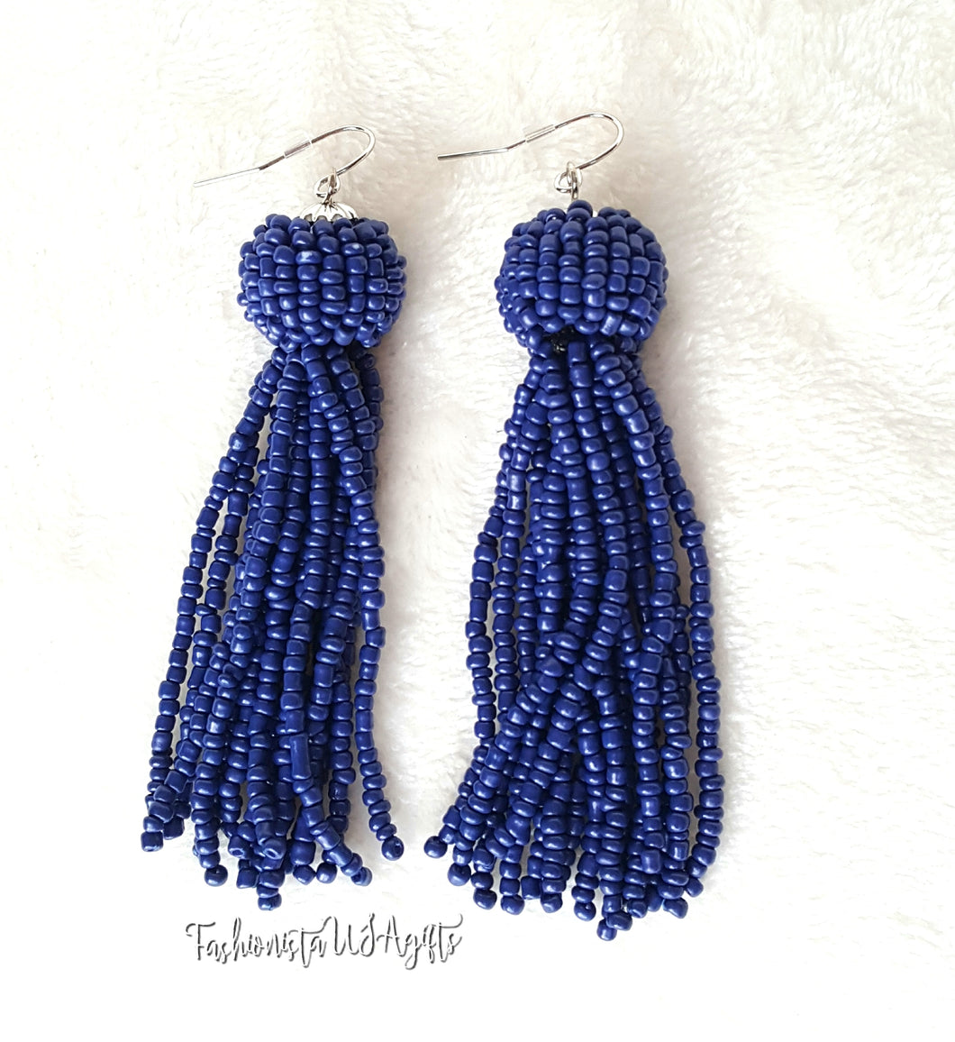 Beaded Tassel Earring Navy Blue Drop Dangle with Fish Hook, Boho Chic  Jewelry Earrings, Statement Earring, Gift for Her