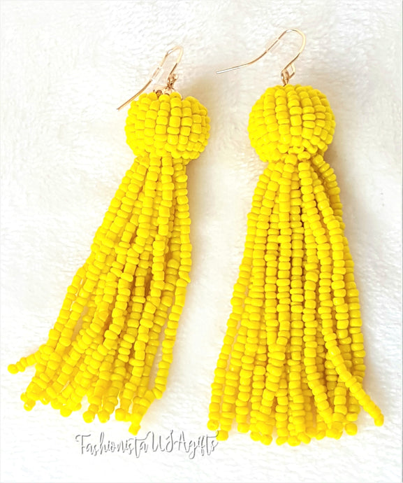 Beaded Tassel Earring Yellow Drop Dangle with Fish Hook, Boho Chic Jewelry Earrings, Statement Earring, Gift for Her - Urban Flair USA