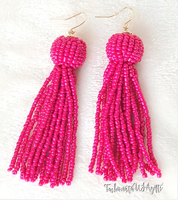 Beaded Tassel Earring Fushia Drop Dangle with Fish Hook, Boho Chic Jewelry Earrings, Statement Earring, Gift for Her - Urban Flair USA