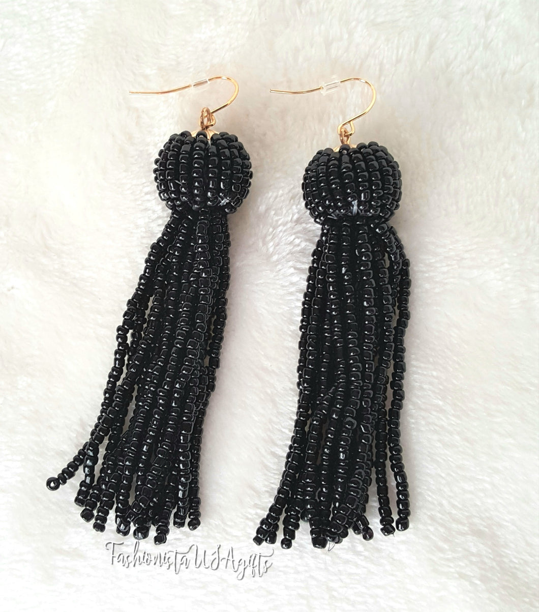 Beaded Tassel Black Drop Dangle Earring with Fish Hook, Boho Chic Jewelry Earrings, Statement Earring, Gift for Her - Urban Flair USA