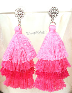 Earrings Layered Tassel Drop Pink Fushia Coral, Silver color Stud,Chic Fashion Earring,Beach Earrings,Statement Earring by UrbanFlair - Urban Flair USA