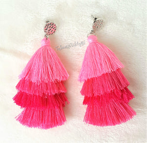 Earrings Layered Tassel Drop Pink Fushia Coral, Silver color Stud,Chic Fashion Earring,Beach Earrings,Statement Earring by UrbanFlair - Urban Flair USA