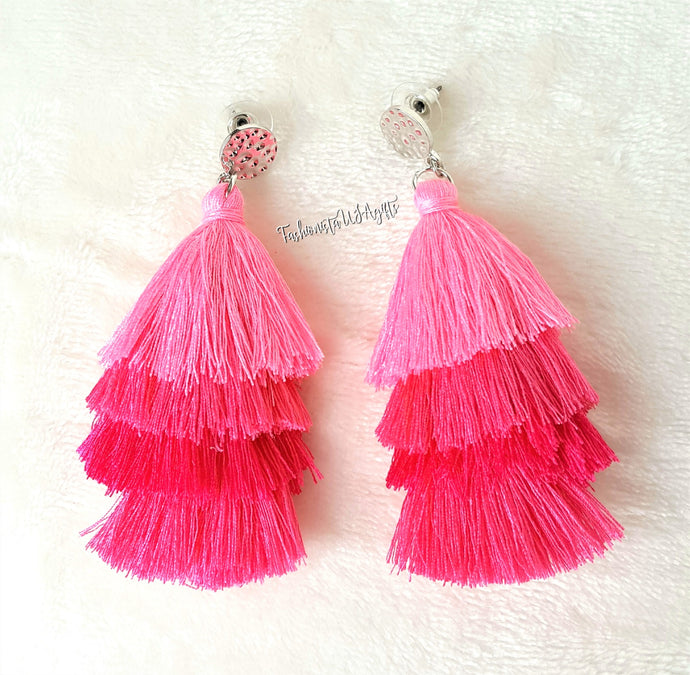 Earrings Layered Tassel Drop Pink Fushia Coral, Silver color Stud,Chic Fashion Earring,Beach Earrings,Statement Earring by UrbanFlair - Urban Flair USA