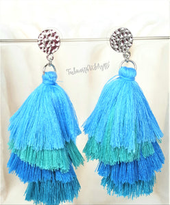 Earrings Layered Tassel Drop Blue,Teal, Silver color Stud, Beach Earrings,Statement Earrings by UrbanFlair - Urban Flair USA